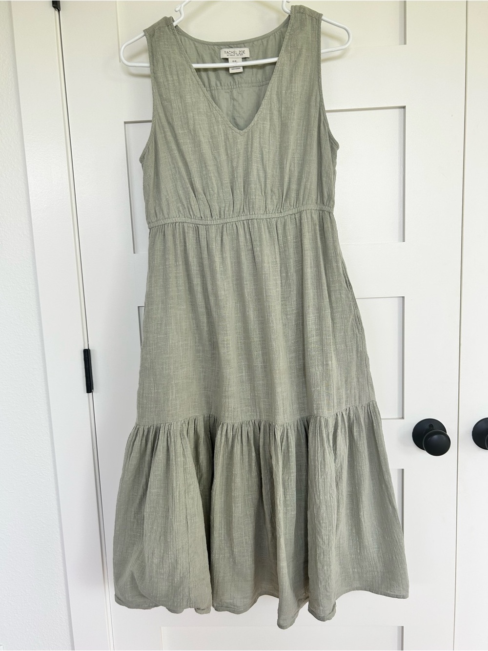 Rachel Zoe Sage Green Tiered V-Neck Midi Dress 100% Cotton